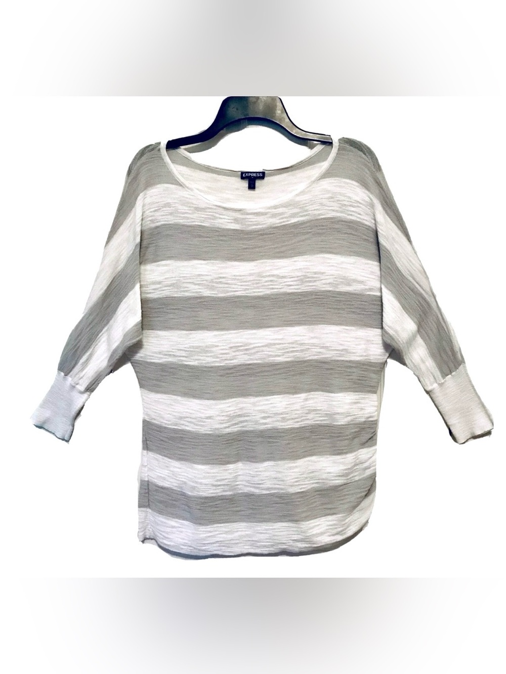 Express Womens Medium Tan & White Striped Dolman Sleeve Ruched Side Sweater